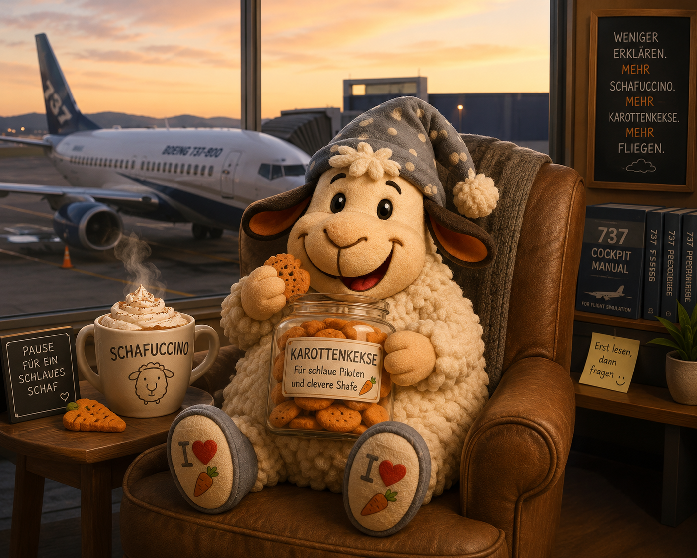 Plüschschaf Winnie im Sessel mit Karottenkeksen und Schafuccino vor einem Fenster mit Blick auf eine Boeing 737.